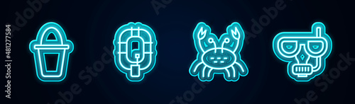 Set line Fishing bucket, Inflatable boat, Crab and Diving mask and snorkel. Glowing neon icon. Vector