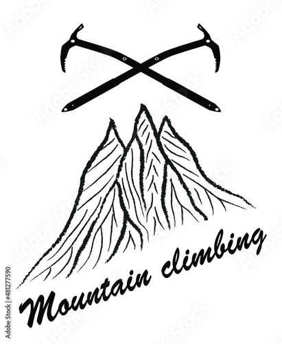 mountains and ice axe with text Mountain landscape, vector illustration logo, black and white 