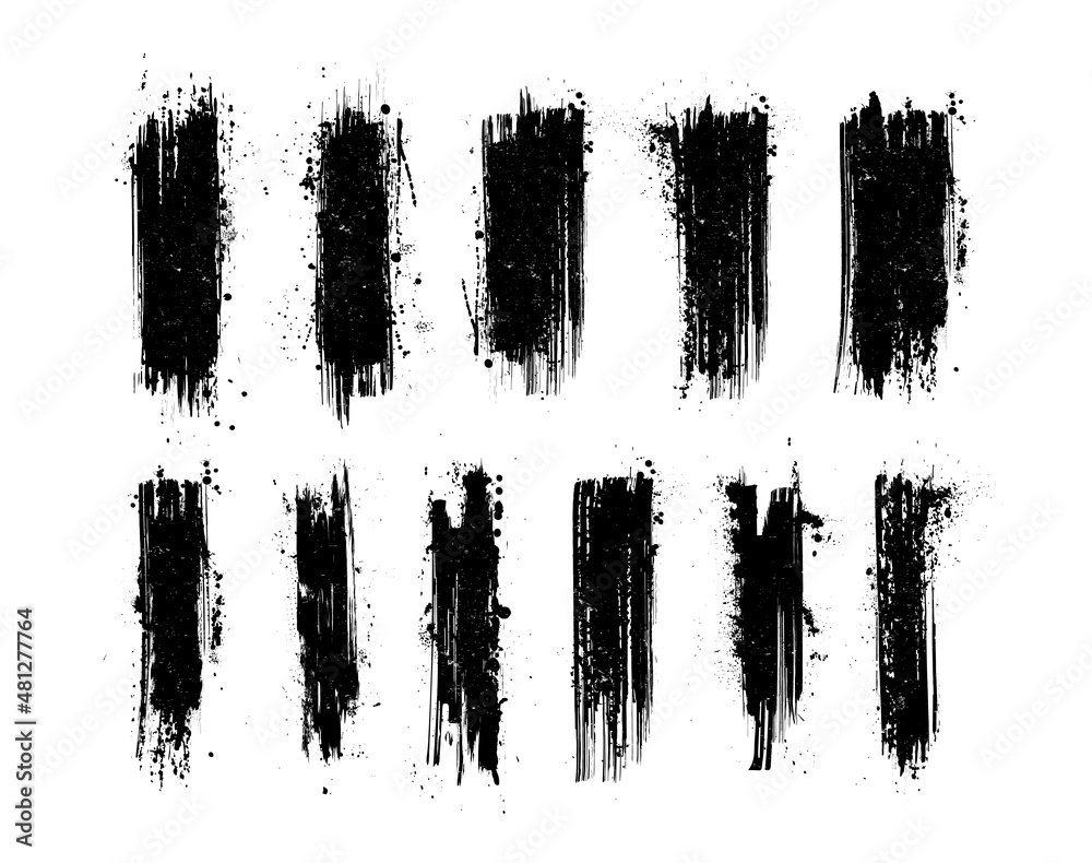 Black grunge and paint stripe with splashes with mud effect. Brush stroke with drops blots isolated. Black paintbrush with spray and splash effect. Modern textured shape, Dry border. Vector set grunge Black grunge and paint stripe with splashes with mud effect. Brush stroke with drops blots isolated. Black paintbrush with spray and splash effect. Modern textured shape, Dry border. Vector set grunge