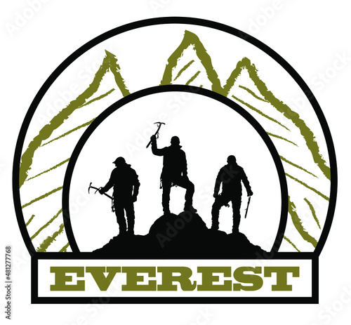 three climbers black and white with ice axe in hand ont top of Mount and text Mountain climbing, vector illustration logo