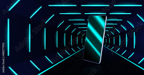 Realistic smartphone on neon background. Mobile phone with blank screen. Neon laser beam and cellphone for presentation product - App, UI, UX. 3D realistic gadget with neon background. Vector phone