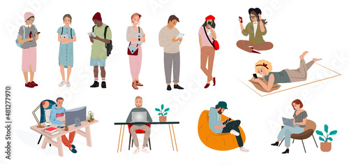 Students and young people use gadgets in different places. High school students, hipsters and pupils with phones, laptops and tablets. Fashionable young people and gadgets. Devices in daily life. 