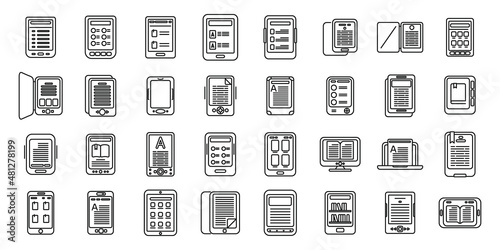 E-book application icons set outline vector. Book reader