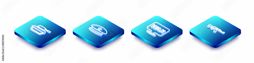 Set Isometric line Military tank, beret, The word war and Submachine gun icon. Vector Set Isometric line Military tank, beret, The word war and Submachine gun icon. Vector