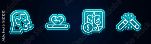 Set line Man coughing, Heart disease with smoking, Disease lungs and Broken cigarette. Glowing neon icon. Vector
