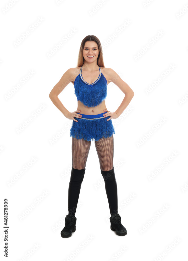 Fototapeta premium Beautiful cheerleader in costume on white background