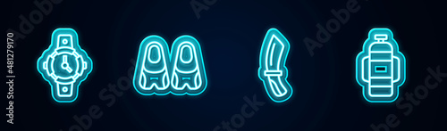 Set line Diving watch, Flippers for swimming, knife and Aqualung. Glowing neon icon. Vector