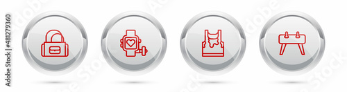 Set line Sport bag, Smart watch with heart, Sweaty sleeveless t-shirt and Pommel horse. Silver circle button. Vector