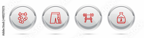 Set line Sports doping with dumbbell, Short pants, Bench barbell and nutrition. Silver circle button. Vector