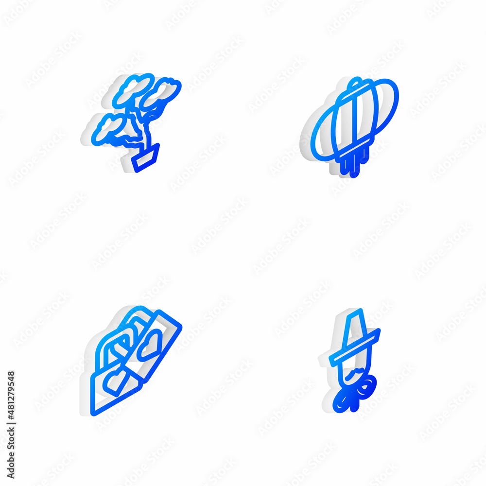 Set Isometric line Korean lantern, Bonsai tree, Lock with heart and hat icon. Vector Set Isometric line Korean lantern, Bonsai tree, Lock with heart and hat icon. Vector
