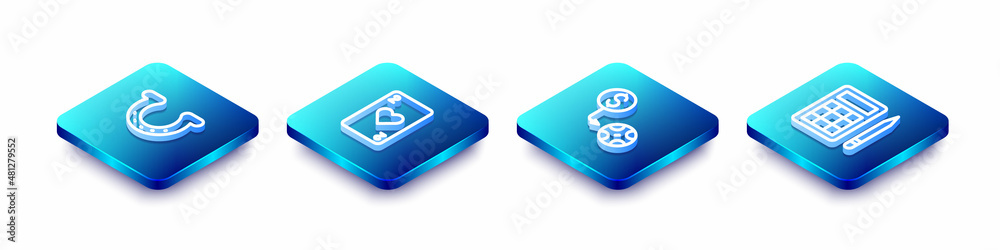 Set Isometric line Horseshoe, Playing card with heart, Casino chips exchange and Bingo icon. Vector Set Isometric line Horseshoe, Playing card with heart, Casino chips exchange and Bingo icon. Vector