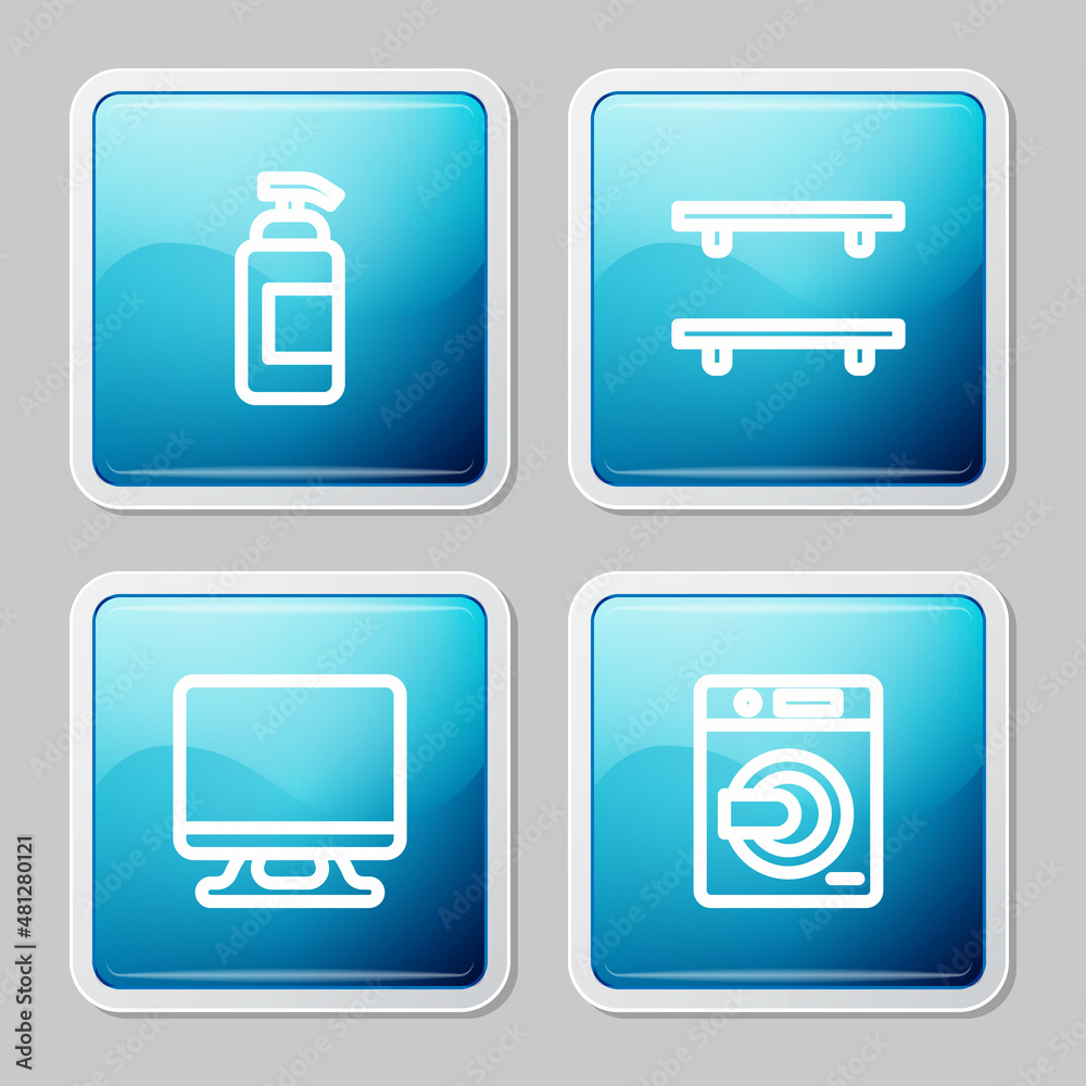Set line Antibacterial soap, Empty wooden shelves, Smart Tv and Washer icon. Vector