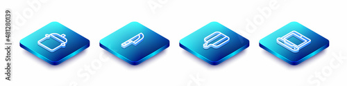 Set Isometric line Cooking pot, Knife, Cutting board and Laptop icon. Vector