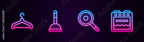 Set line Hanger wardrobe, Rubber plunger, Frying pan and Oven. Glowing neon icon. Vector