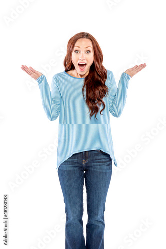 A woman with long red hair, wearing a blue and white striped shirt is very surprised.