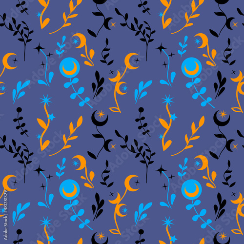 Witchy dark background of a night meadow. Seamless floral pattern with moons and stars.