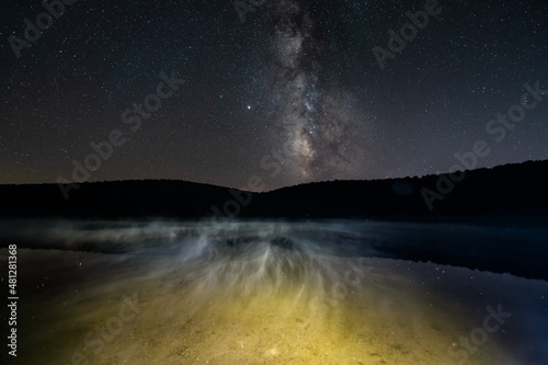 Milky way stars night sky view of Sirius and Venus planets in Spruce Knob Lake West Virginia with reflection of galaxy landscape glowing yellow transparent water effect