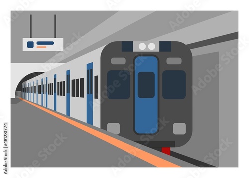 Subway train station platform. Simple flat illustration in perspective view.