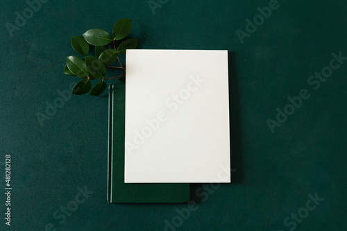 Blank paper sheet cards with copy space, leaves and book on deep green background. Flat lay, top view. Aesthetic all green composition.