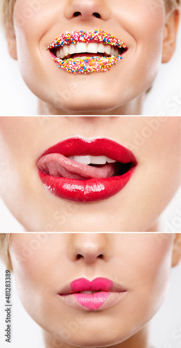 Just a splash of colour. Cropped view of a beautiful young woman with multicoloured sweets on her lips.