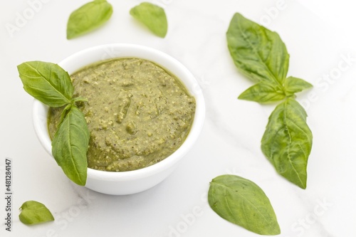 Delicious pesto and basil leaves.