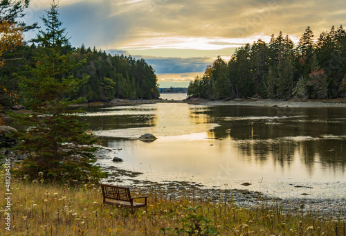 Fototapeta Naklejka Na Ścianę i Meble -  a bench to enjoy a beautiful evening at Pretty Marsh on Mount Desert Island, Maine, USA
