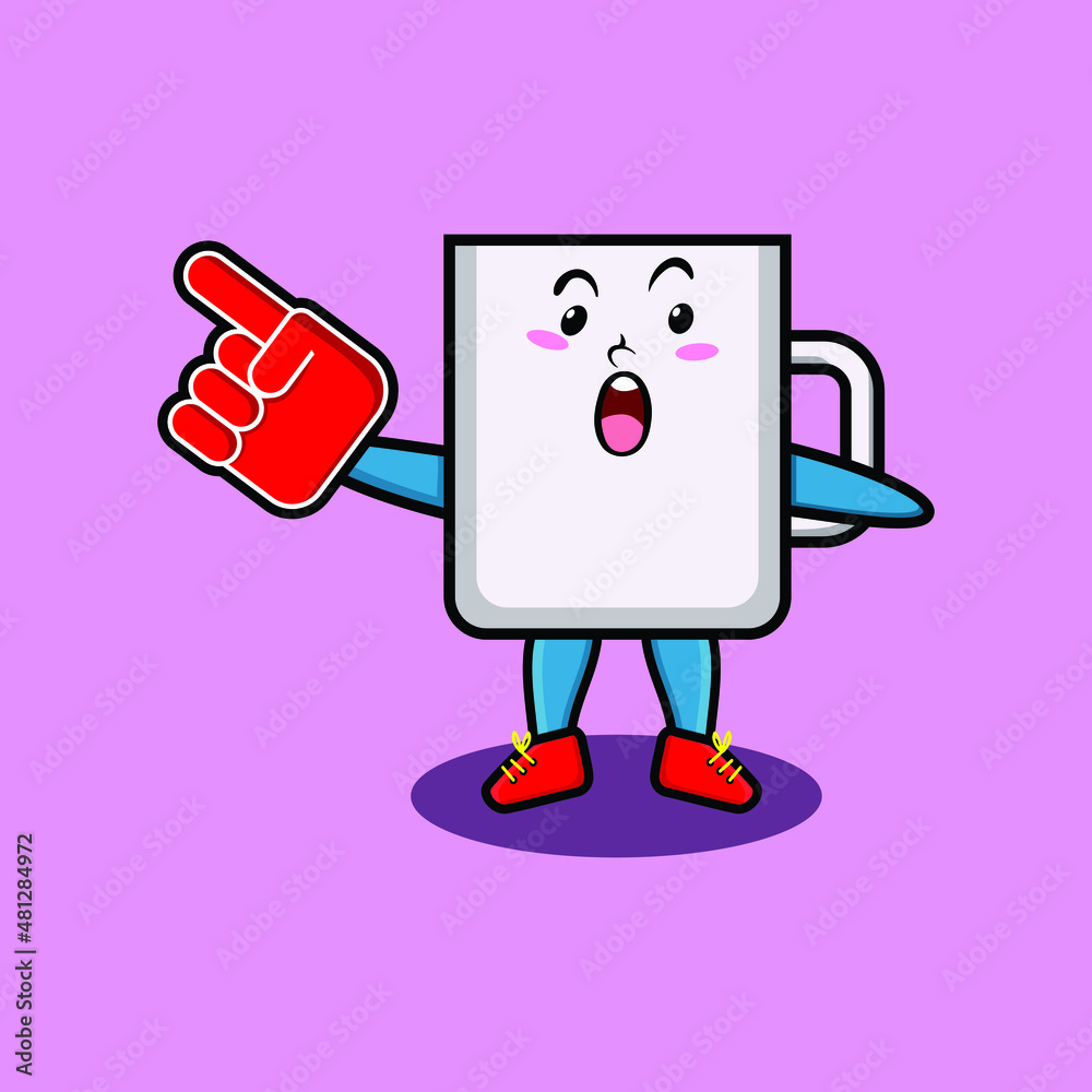 Cute Cartoon Coffee tea cup with foam finger glove in modern design for t-shirt, sticker, logo element