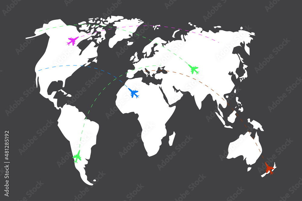 Fototapeta premium World map with airplane signs. Route icon. Creative travel concept. Black background. Vector illustration. Stock image. 