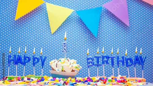 Photography A word made from the letters of happy birthday candles for a one year old child