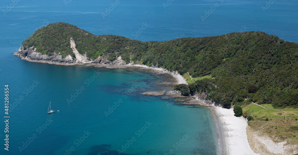 New Zealand coastline of beach and island landscape