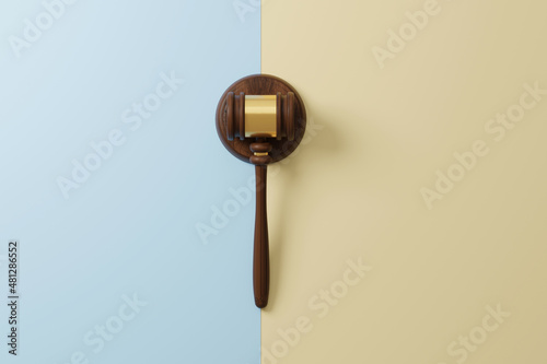 Canvas Print Top view of judge gavel on two colour background