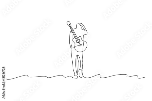 Single continuous line drawing of a musician carrying guitar - Modern one line draw design vector illustration
