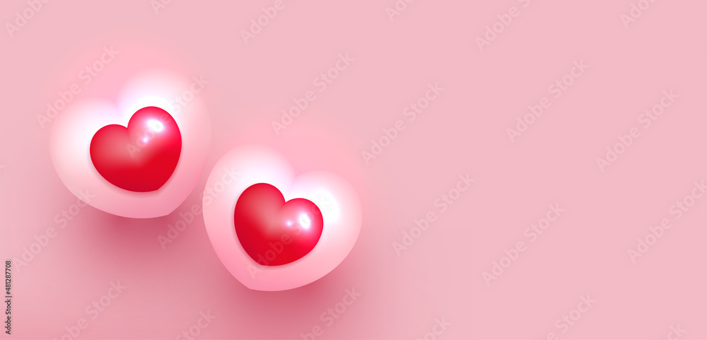 Valentines Day background. Two hearts on pastels pink background. Top view with copy space. Minimal style. Vector illustration.