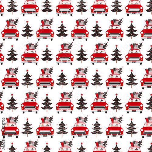 christmas seamless pattern with cars and trees