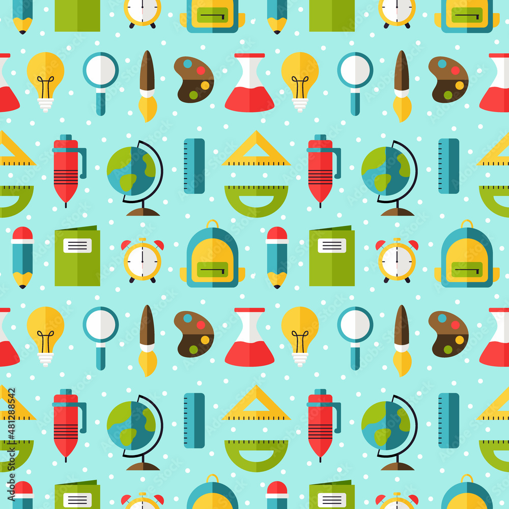 Back to School or Education Seamless Pattern Background with Study Equipment Vector Illustration, Bag, Pencil, Alarm, Book, ruler, Brush, Dye, Bulb Lamp, Laboratory Glass, Globe, Magnifying glass