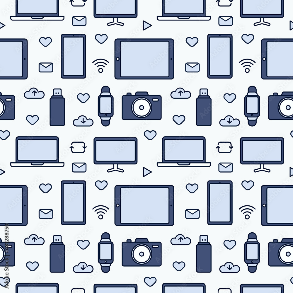 Electronic Gadget Icon Seamless Pattern with Smartphone,Tablet, Laptop or Notebook, Monitor, Pc, Computer, Camera, Smart Watch, Flash Drive, and other on White Background