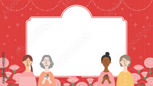 母の日向けフレームテンプレート／色々な人種の女性とカーネーション（アスペクト比 16:9）