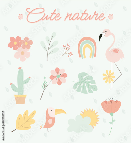 Nature items vector art illustration. Birds, leaves and flowers in cute colors with tiny leaves pattern background