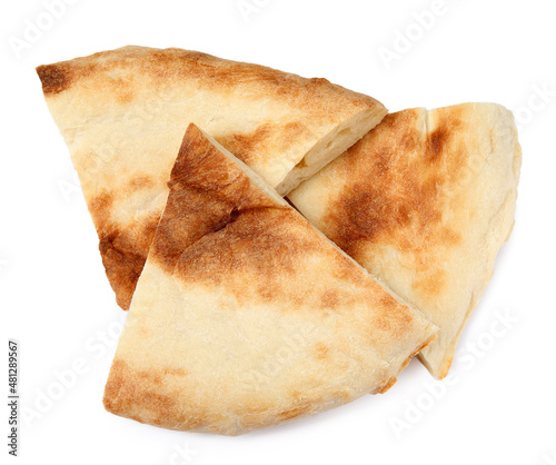 Cut fresh pita bread on white background, top view