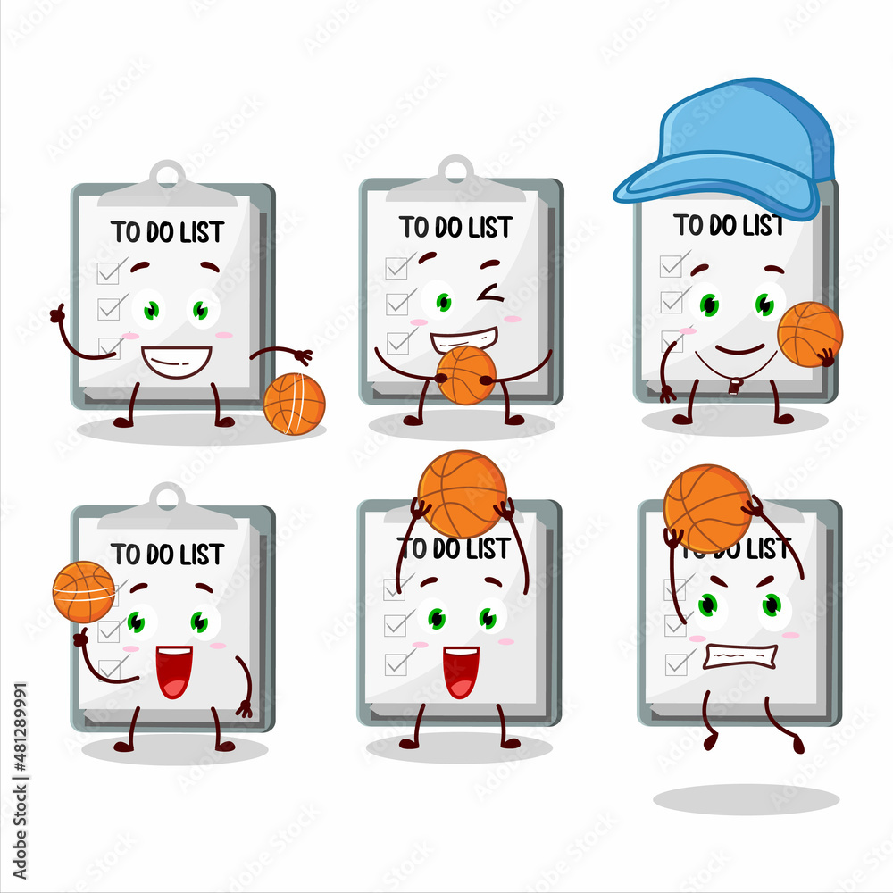 Fototapeta premium Talented paper sheet with clipboard cartoon character as a basketball athlete