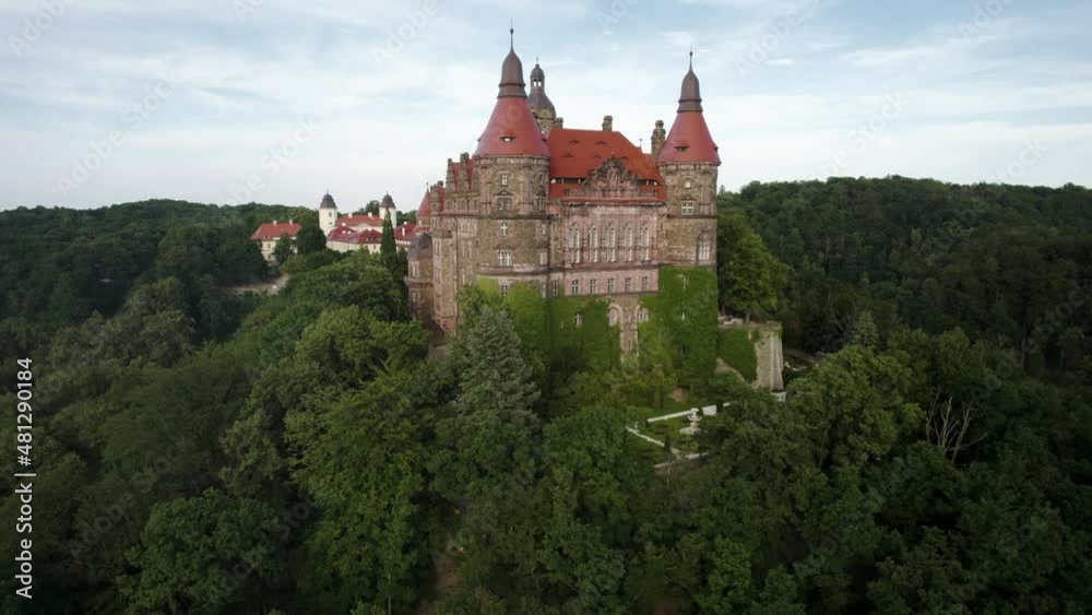 Aerial orbit over the Ksiaz Castle (Schloss Furstenstein) - west side Aerial orbit over the Ksiaz Castle (Schloss Furstenstein) - west side