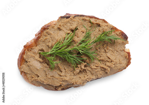 Slice of bread with delicious pate and dill isolated on white, top view