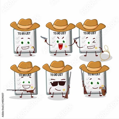 Cool cowboy paper sheet with clipboard cartoon character with a cute hat