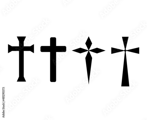 Christian cross. Jesus Christ crucifix, different shapes of crosses religious silhouette signs 