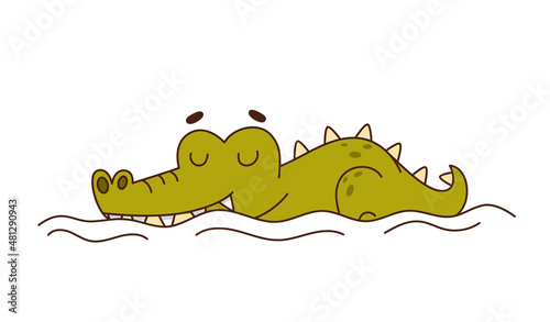 Cute crocodile lies and sleeps in the water. Children's character. Vector for design, banners, children's books and patterns.