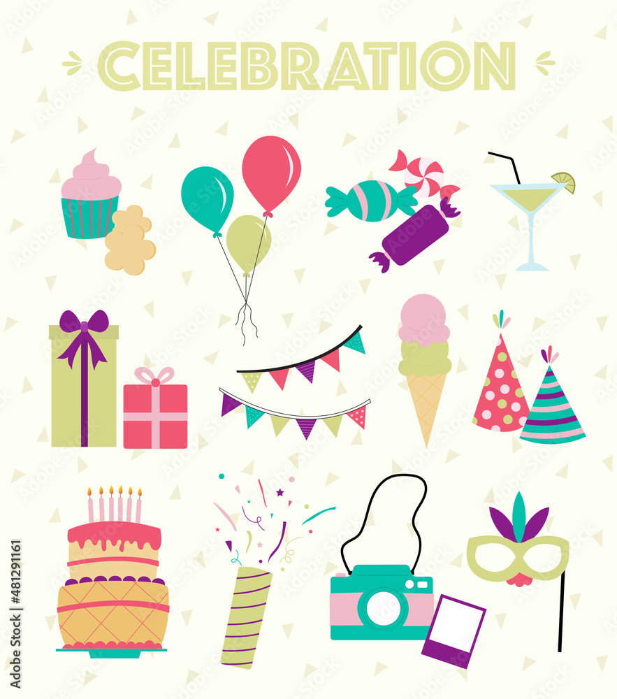 Celebration items vector art illustration in awesome vivid colors. Party food, decorations and funny things.  - obrazy, fototapety, plakaty 