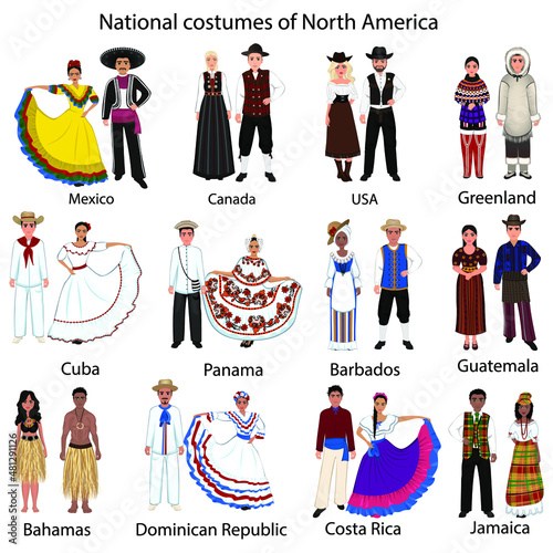 National costumes of the people of North America. A woman and a man in folk national costumes of USA, Mexico, Canada, Greenland, Cuba, Panama, Barbados, Guatemala, Bahams, Dominican, Costa Rica