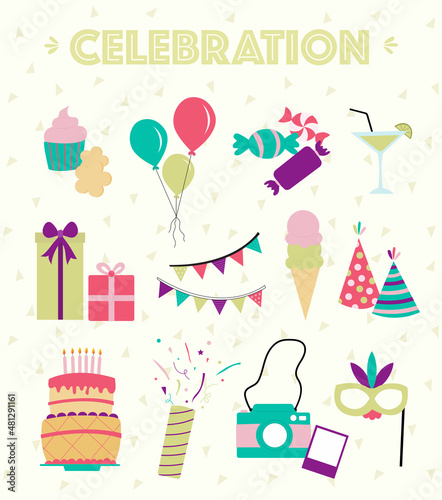 Celebration items vector art illustration in awesome vivid colors. Party food  decorations and funny things. 