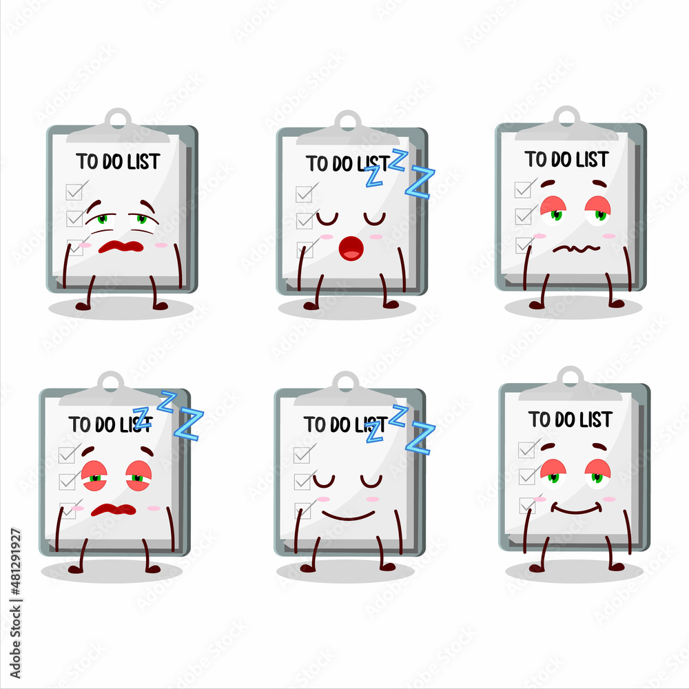 Naklejka premium Cartoon character of paper sheet with clipboard with sleepy expression
