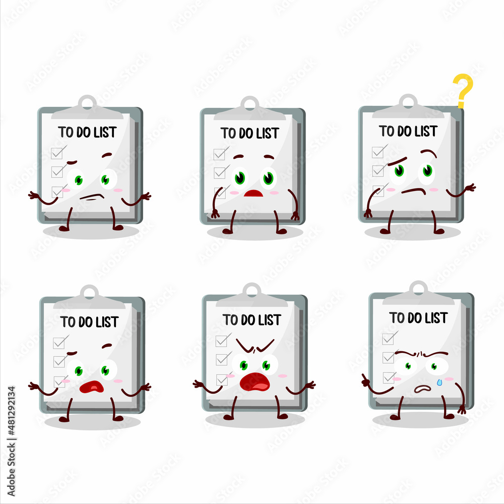 Fototapeta premium Cartoon character of paper sheet with clipboard with what expression